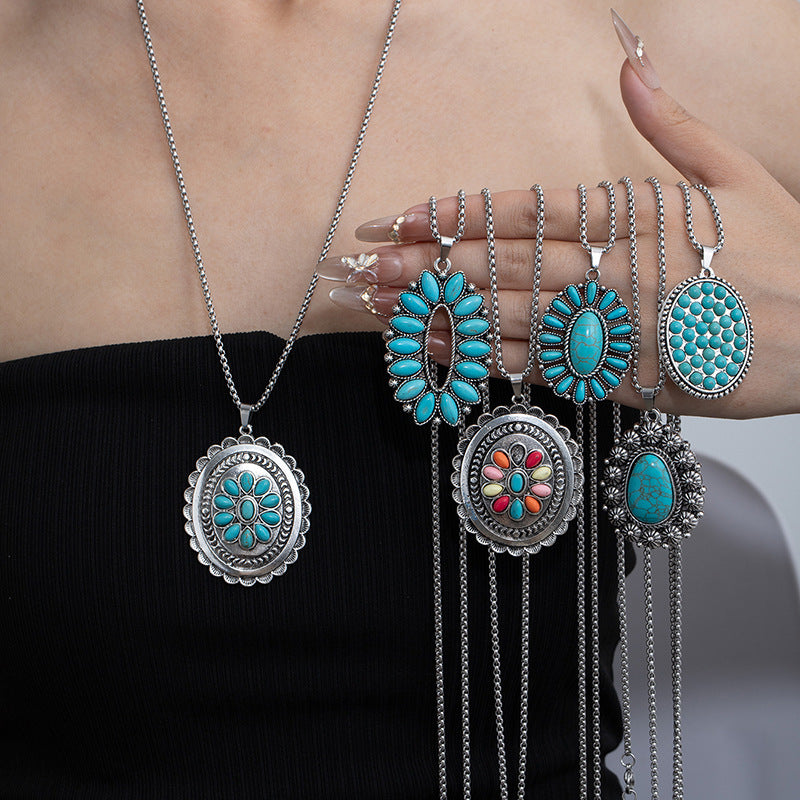 Bohemian Ethnic Style Turquoise Alloy Necklace for Women | 60cm Perimeter Vintage Cross Pendant Chain