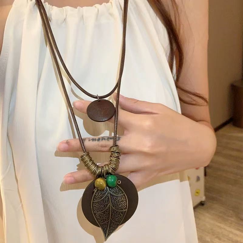 Bohemian Layered Necklace Set - 75cm Nylon Rope + Wood + Alloy Pendant Boho Jewelry