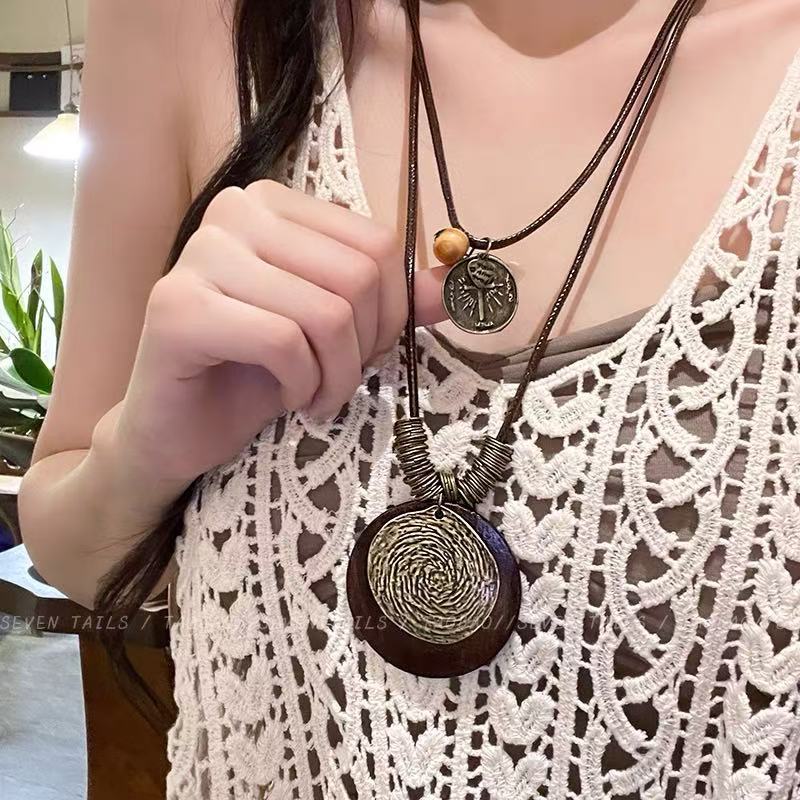 Bohemian Layered Necklace Set - 75cm Nylon Rope + Wood + Alloy Pendant Boho Jewelry
