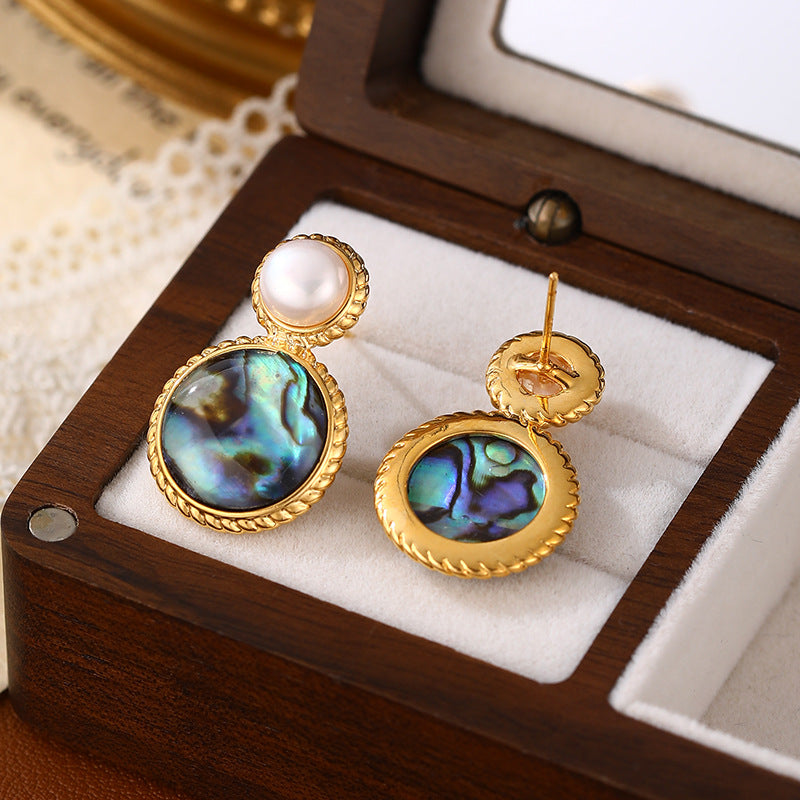 925 Silver Needle Abalone Shell Pearl Gold Plated Round Earrings
