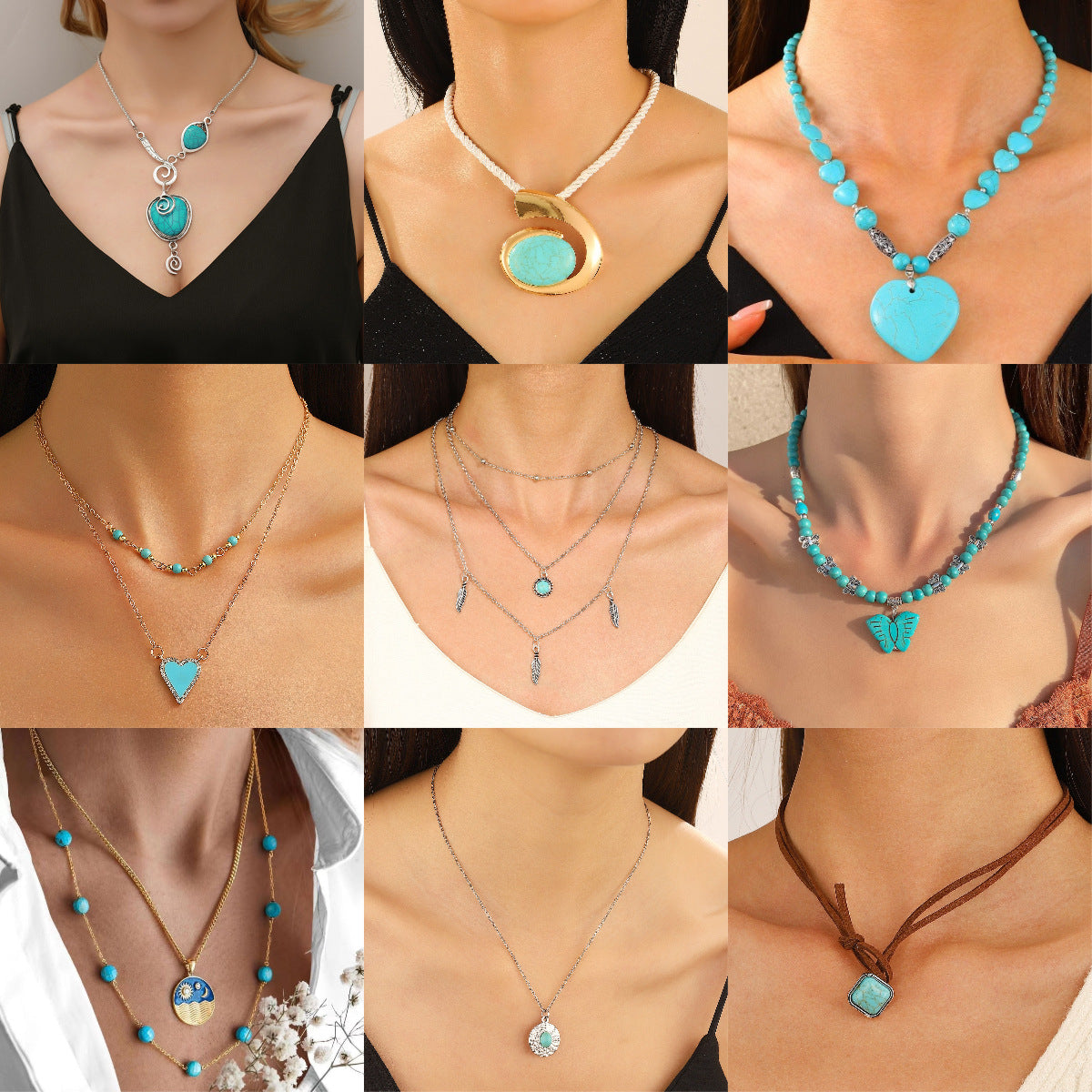 Bohemian Turquoise Crackle Stone Necklaces with Pendants for Women