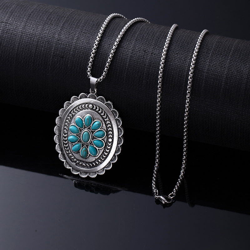 Bohemian Ethnic Style Turquoise Alloy Necklace for Women | 60cm Perimeter Vintage Cross Pendant Chain
