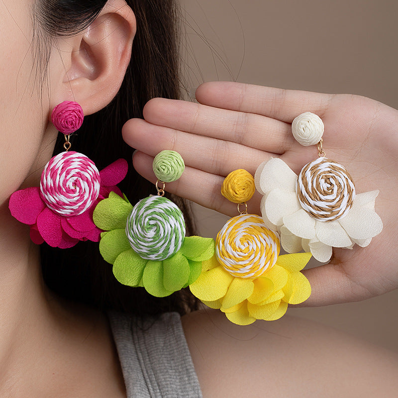 Raffia Flower Earrings: Bright Yellow Vacation Style, Lightweight