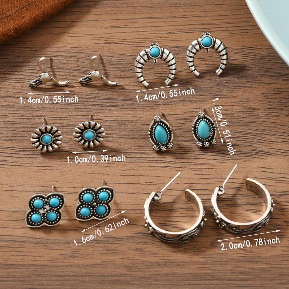 Bohemian Turquoise Alloy Stud Earrings Set