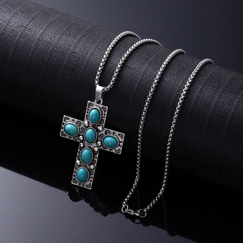 Bohemian Ethnic Style Turquoise Alloy Necklace for Women | 60cm Perimeter Vintage Cross Pendant Chain
