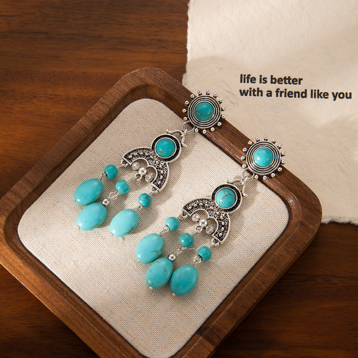 Bohemian Ethnic Style Turquoise Drop Earrings | Alloy and Rhinestone Vintage Long Drop Earrings