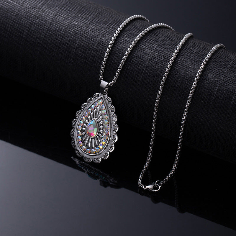 Bohemian Ethnic Style Turquoise Alloy Necklace for Women | 60cm Perimeter Vintage Cross Pendant Chain