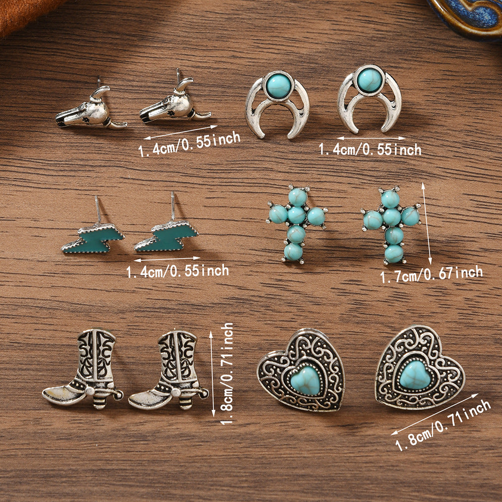 Bohemian Turquoise Alloy Stud Earrings Set