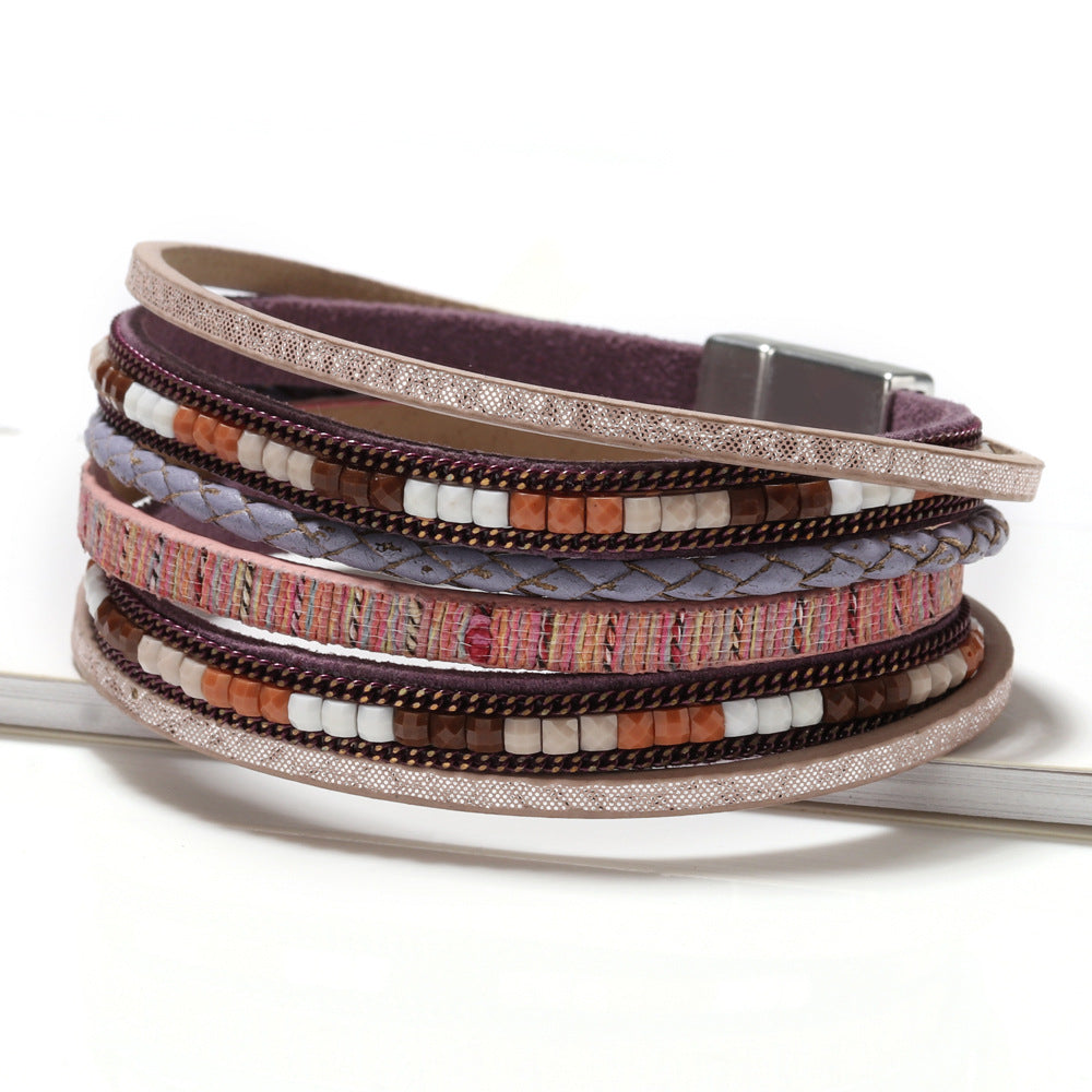 Bohemian multi-layer PU leather alloy magnetic clasp bracelet