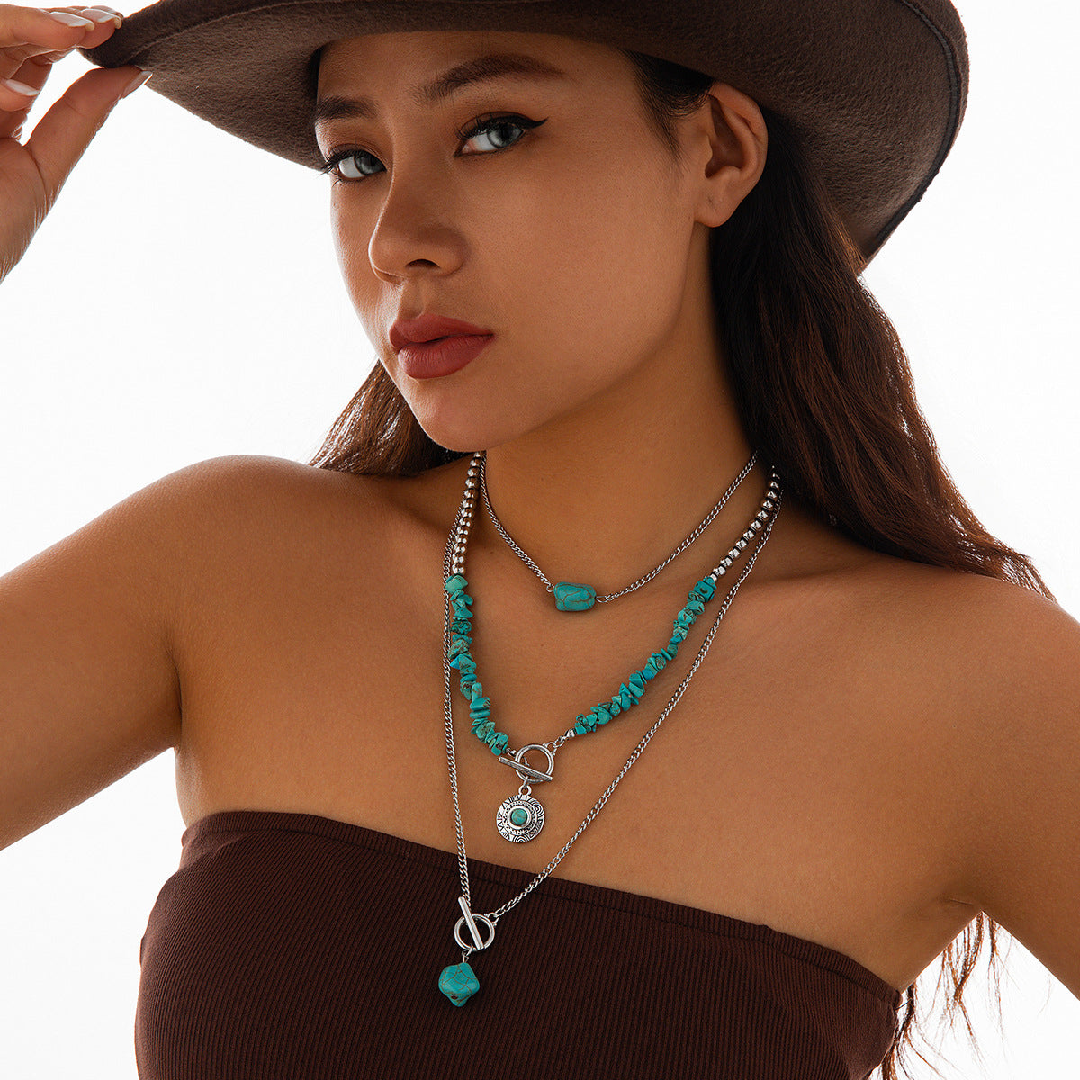 etro beaded geometric turquoise collarbone chain, casual multi-layer bohemian necklace