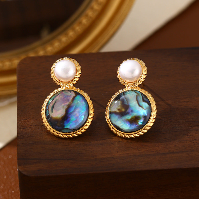 925 Silver Needle Abalone Shell Pearl Gold Plated Round Earrings