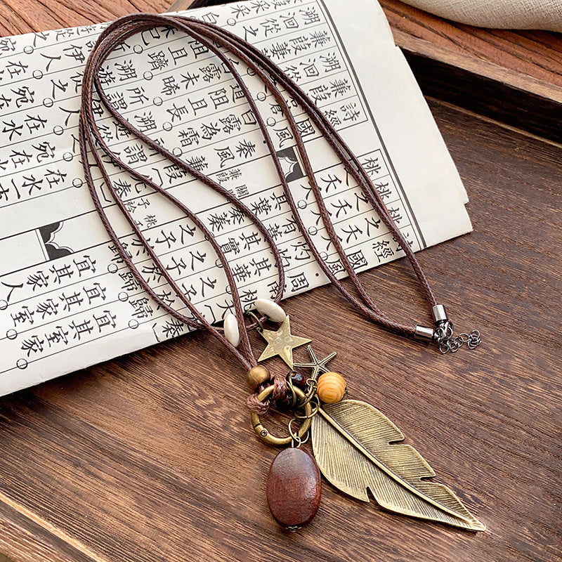 Bohemian Layered Necklace Set - 75cm Nylon Rope + Wood + Alloy Pendant Boho Jewelry