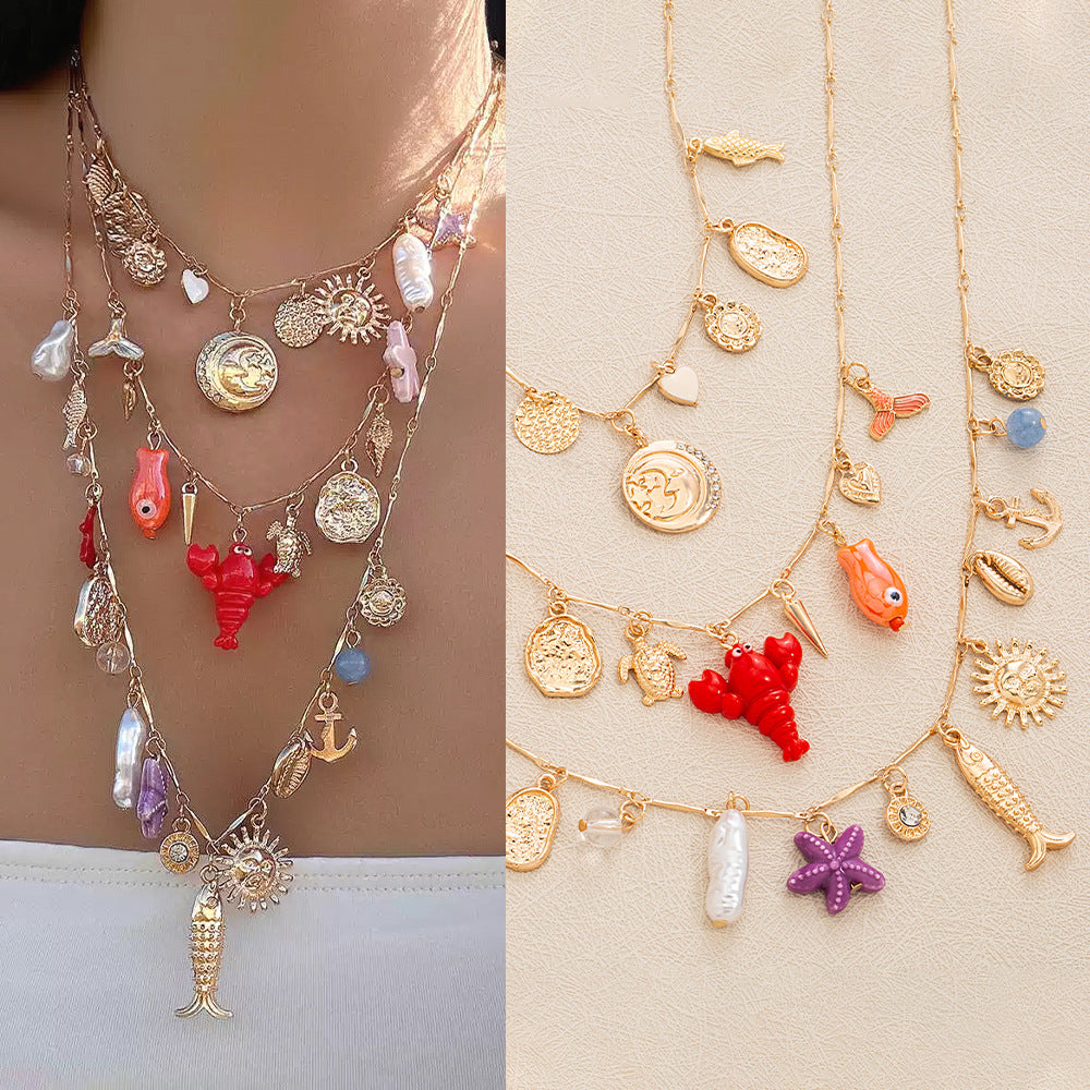 Bohemian layered necklace with ocean style design, lobster clasp necklace