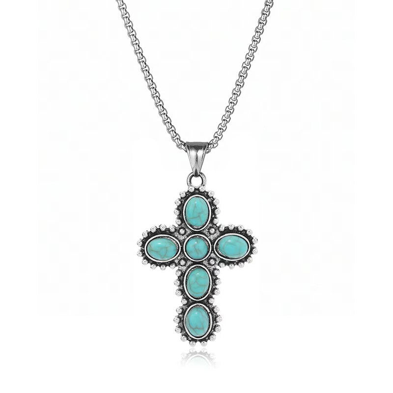 Bohemian Ethnic Style Turquoise Alloy Necklace for Women | 60cm Perimeter Vintage Cross Pendant Chain