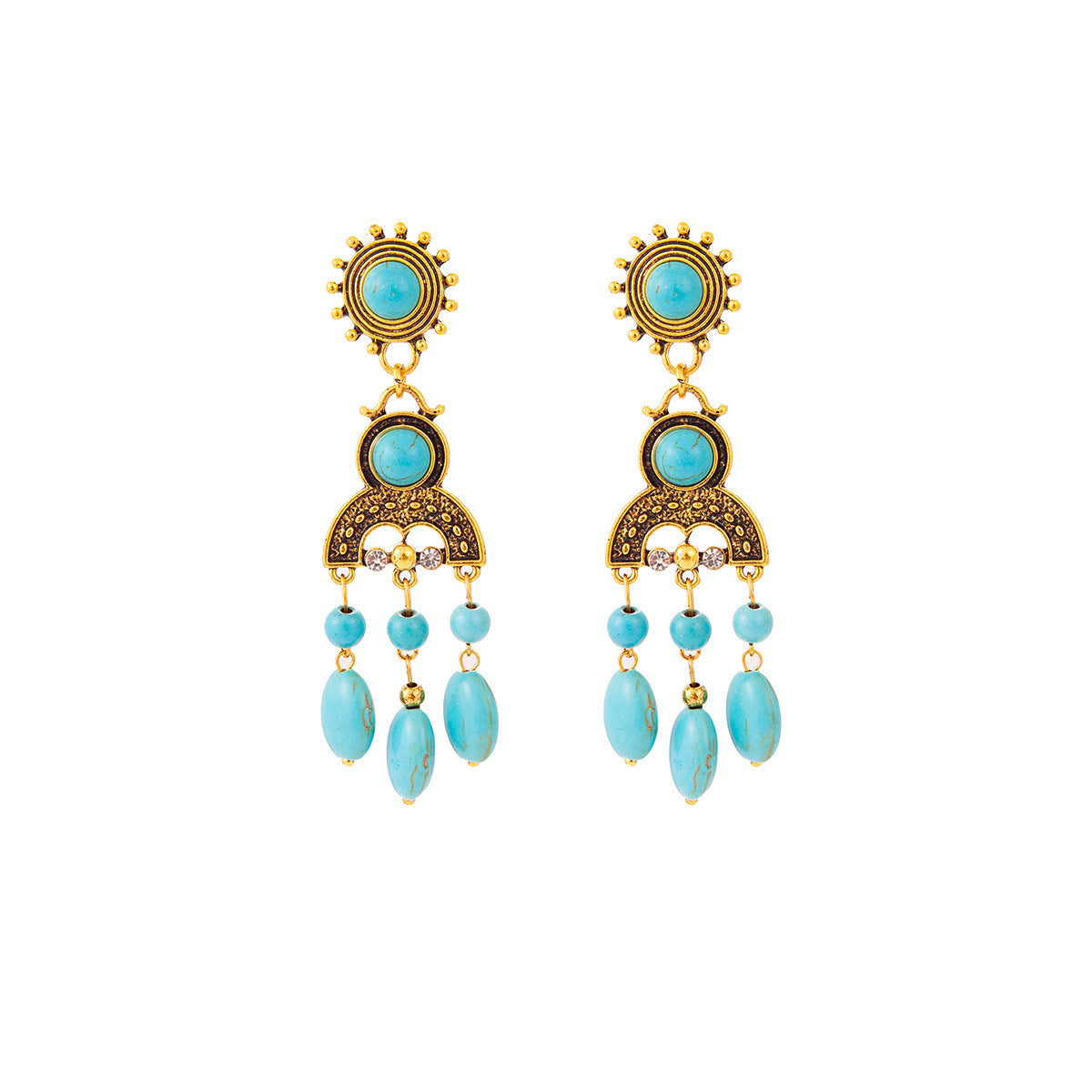 Bohemian Ethnic Style Turquoise Drop Earrings | Alloy and Rhinestone Vintage Long Drop Earrings