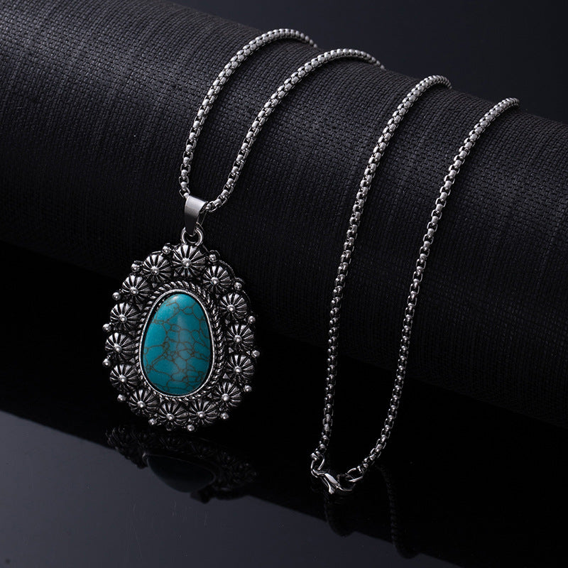 Bohemian Ethnic Style Turquoise Alloy Necklace for Women | 60cm Perimeter Vintage Cross Pendant Chain