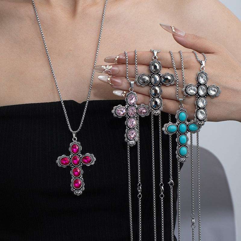 Bohemian Ethnic Style Turquoise Alloy Necklace for Women | 60cm Perimeter Vintage Cross Pendant Chain