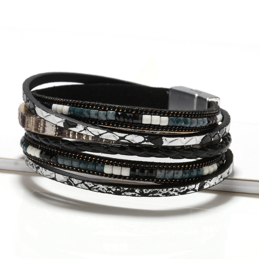 Bohemian multi-layer PU leather alloy magnetic clasp bracelet