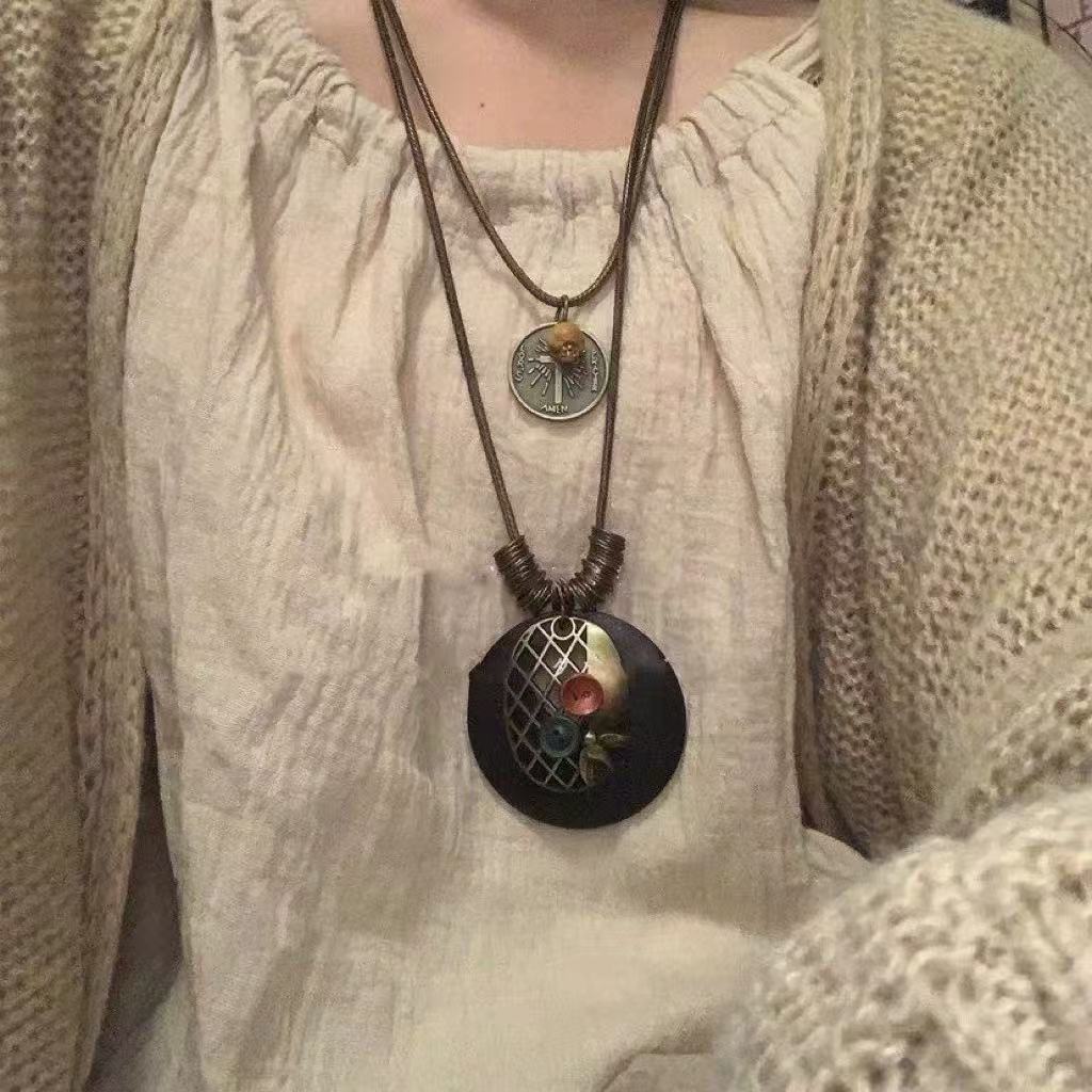 Bohemian Layered Necklace Set - 75cm Nylon Rope + Wood + Alloy Pendant Boho Jewelry