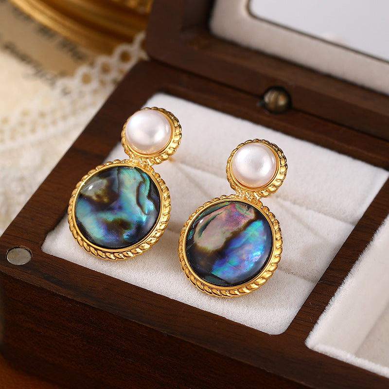 925 Silver Needle Abalone Shell Pearl Gold Plated Round Earrings