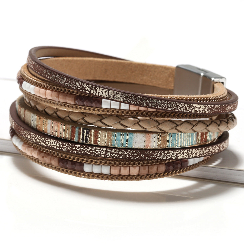 Bohemian multi-layer PU leather alloy magnetic clasp bracelet